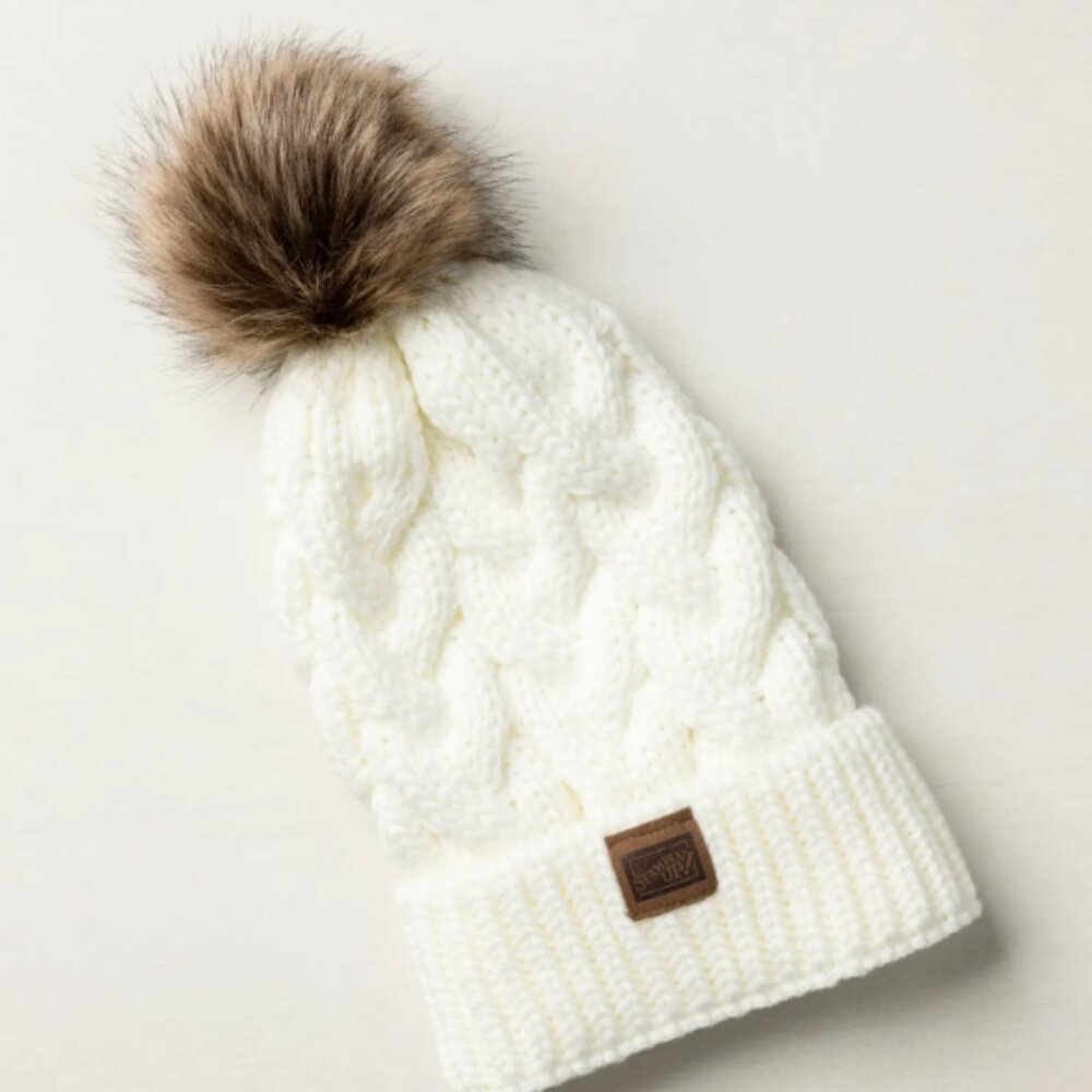 Soft Cozy Warm Cream Beanie Hat Neutral, Color Adorable Brown Pom Pom On Top